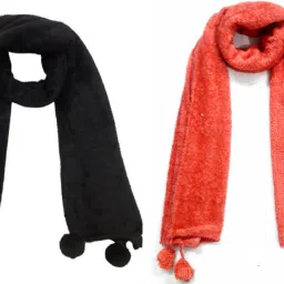 Woven Wool Blend Women Black, Orange Stole-image-65