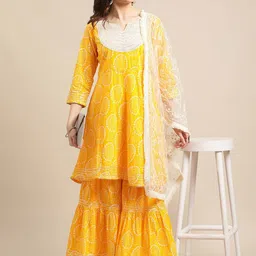 KSUT Bandhani Printed Round Neck Pure Cotton Kurta with Sharara & Dupatta image 5