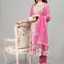 Khushal K Floral Printed Thread Work Kurta & Trousers With Dupatta-picture-13