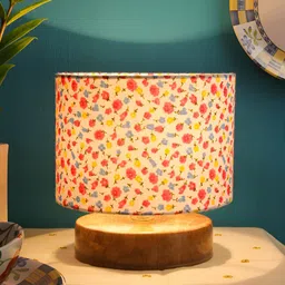 Devansh White Printed Wooden Cylindrical Shaped Contemporary Table Lamp-57
