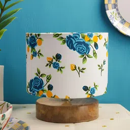 Devansh White & Blue Printed Wood Traditional Cylindrical Shaped Table Lamp-21