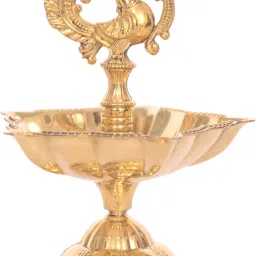 Brass Shine Finish 4" Stand/Pillar Diya/Deepak/Lamp/Lantern in Peacock Design Brass Table Diya-18