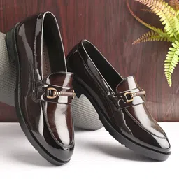 here&now Men brown solid leatherette petant formal office wear wedding slip on moccasins Slip On For Men-picture-25