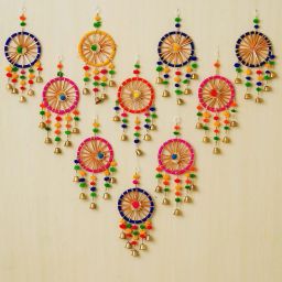 Handmade Wall Decor 10pcs Lotus Toran jhumki Hanging Colorful Pom Pom with Bell Toran-2