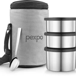 Stainless Steel 3 Container (2*280ml & 430ml) with 1 Spoon & Bag (Grey) Marvel, 3 Containers Lunch Box-27