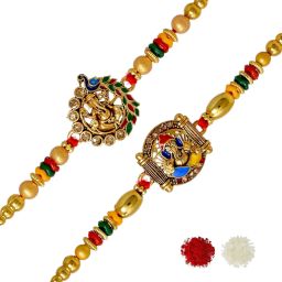Bhaiya Bhabhi Brass Elegant Ganesha Combo Rakhi for Brother Kids 147 Mauli Thread, Gold Finish, Pearl, Silver Rakhi, Greeting Card, Chawal Roli Pack Set-image-72