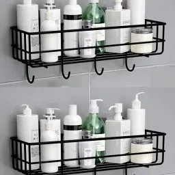 Self Adhesive Bathroom Shelf with 4 Hook Adhesive Shower Caddy Metal Shelf Stainless Steel Wall Shelf-image-52