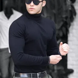 Men Solid Turtle Neck Black Sweater-image-32