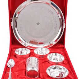 Pack of 7 Silver Plated Silver Plated Embossed 7 Pieces Thali Set,Gift item Dinner Set-image-97