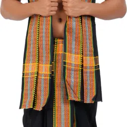Ethazh Black Cotton Blend Chakra 2 Inch Border Double Layer with Angavastram Solid Men Dhoti-image-27