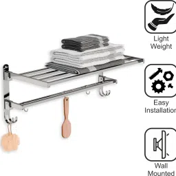 nexanest SS304 Rust-Free Foldable Bathroom Accessory Towel Holder/Rack/Shelf With Hooks & 24 inch 1 Bar Towel Rod image 2