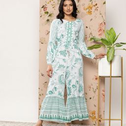 Juniper Off White & Teal Printed Basic Jumpsuit-1
