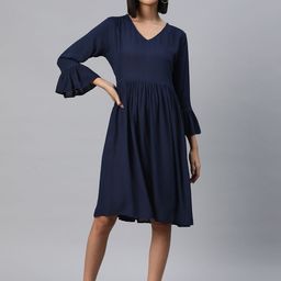 RAJGRANTH Solid Bell Sleeve A-Line Dress-image-22