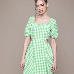 Freehand by The Indian Garage Co Checked Puff Sleeve Fit & Flare Dress-image-20