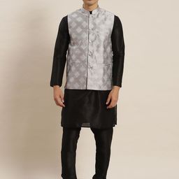 SOJANYA Men Black Kurta with Churidar & Nehru Jacket-picture-19