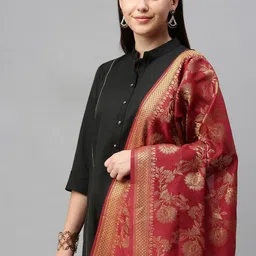 swatika Maroon Ethnic Motifs Woven Design Banarasi Handloom Dupatta with Zari-24