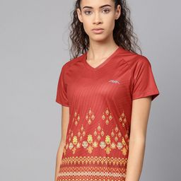 Alcis Women Rust Red & Yellow Printed V-Neck T-shirt-picture-18