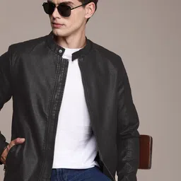 French Connection Solid Stand-Collar Leather Jacket-image-14