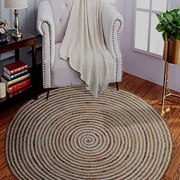 MRIC White & Beige Circular Traditional Braided Jute Carpet-image-67