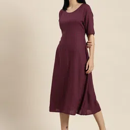 ether Burgundy & Grey Polka Dots Printed A-Line Midi Dress-image-68