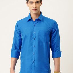 THANGAMAGAN Men Blue Regular Fit Solid Ethnic Shirt-image-2