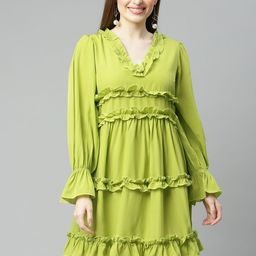 plusS Lime Green Solid A-Line Ruffle Tiered Dress-image-71