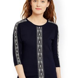 Hypernation Women Navy Solid Round Neck Slim Fit T-shirt-picture-0