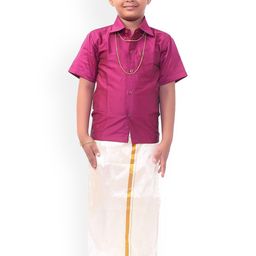 Thala-thalapathy Boys Purple Solid Shirt with Veshti & Gift Set-image-29