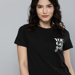 Mast & Harbour Women Black Typography Printed Pure Cotton T-shirt-picture-6