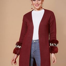 Mafadeny Women Maroon & Beige Party Longline Shrug-image-46