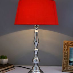 Homesake Silver-Toned & Red Solid Handcrafted Bedside Standard Lamp with Shade-8