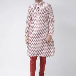 DEYANN Men Off-White & Red Printed Kurta with Churidar-16