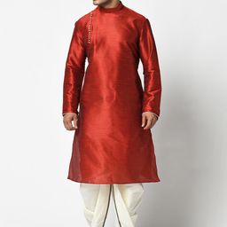 DEYANN Men Red & Off-White Solid Kurta with Dhoti Pants-9