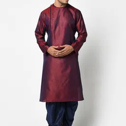 DEYANN Men Maroon & Navy Blue Solid Silk Kurta with Dhoti Pants-picture-19
