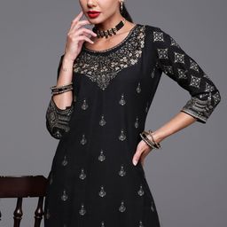 Indo Era Women Black & Beige Ethnic Motifs Foil Print Straight Kurta-picture-20