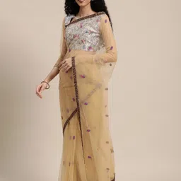 Sangria Beige & Blue Floral Embroidered Net Saree-picture-16