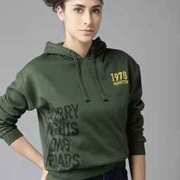 Roadster Women Olive Green Printed Hooded Sweatshirt-image-42