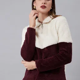 Athena Women Burgundy & White Colourblocked Fuzzy Pullover Sweater-image-75