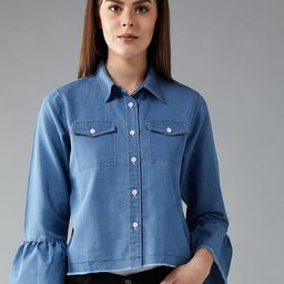 DOLCE CRUDO Women Blue Solid Denim Jacket-image-78