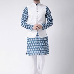Hangup Men Blue & White Printed Kurta with Pyjamas & Nehru Jacket-picture-44