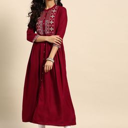 Rangmayee Women Maroon Ethnic Motifs Yoke Design Thread Work Indigo Anarkali Kurta-8