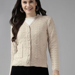 Cayman Women Beige Self Designed Cardigan Sweater-76