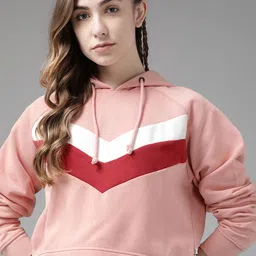 Roadster Women Pink & Red Colourblocked Hooded Crop Sweatshirt-19