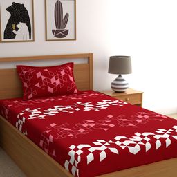 Dreamscape Red  White Geometric 144 TC Cotton 1 Single Bedsheet with 1 Pillow Covers-image-93