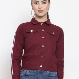 VOXATI Women Maroon Solid Denim Jacket-image-89