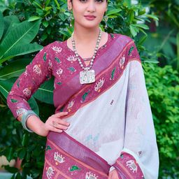 HERE&NOW Ethnic Motifs Woven Design Zari Linen Blend Jamdani Saree-image-38