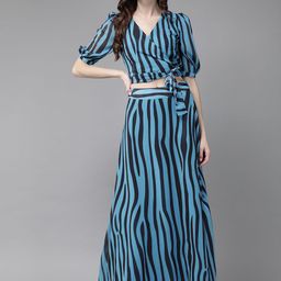 AKS Blue & Black Zebra Print Crop Top with Skirt-image-41