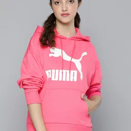 Puma Women Pink Classics Logo Printed Hooded Sweatshirt-image-18