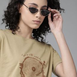 The Roadster Lifestyle Co Women Khaki Pure Cotton Printed Round Neck T-shirt-image-80