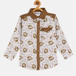TONYBOY Boys White & Brown Floral Printed Premium Regular Fit Pure Cotton Casual Shirt-image-96